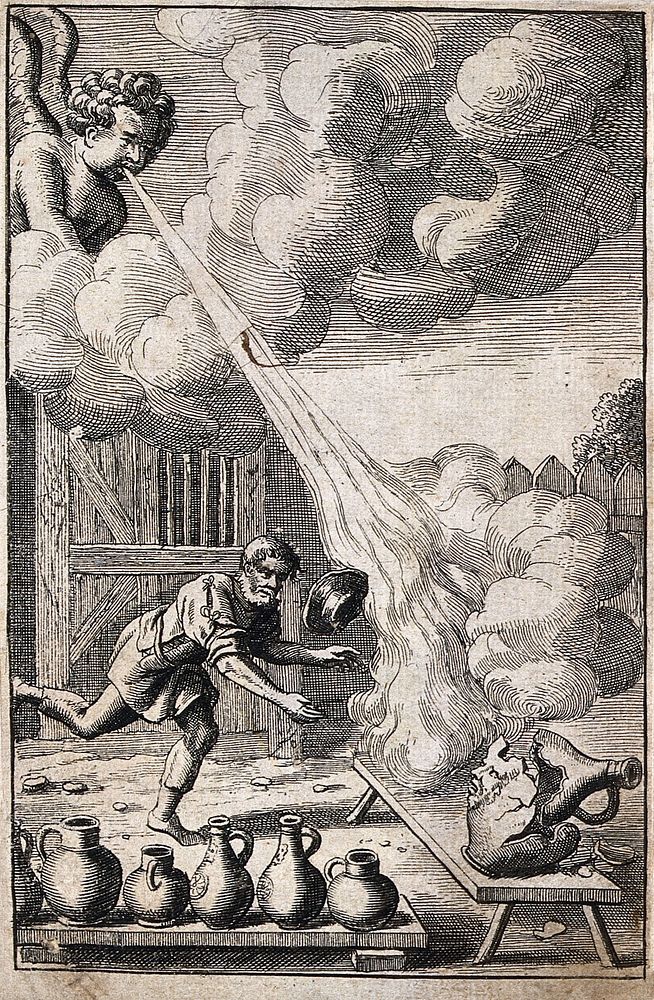 A potter is running towards a large jug which a blast of wind from a cherub in the clouds has shattered; illustration of a…