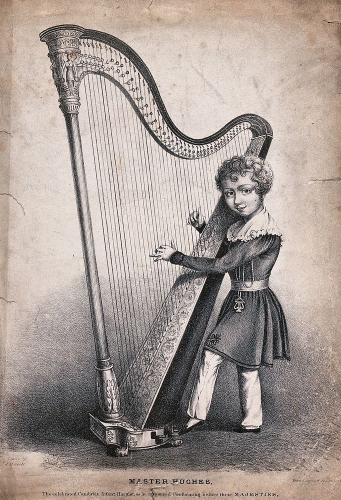 Joseph Tudor Hughes, a boy musician, playing the harp. Lithograph after J. Mitchell.