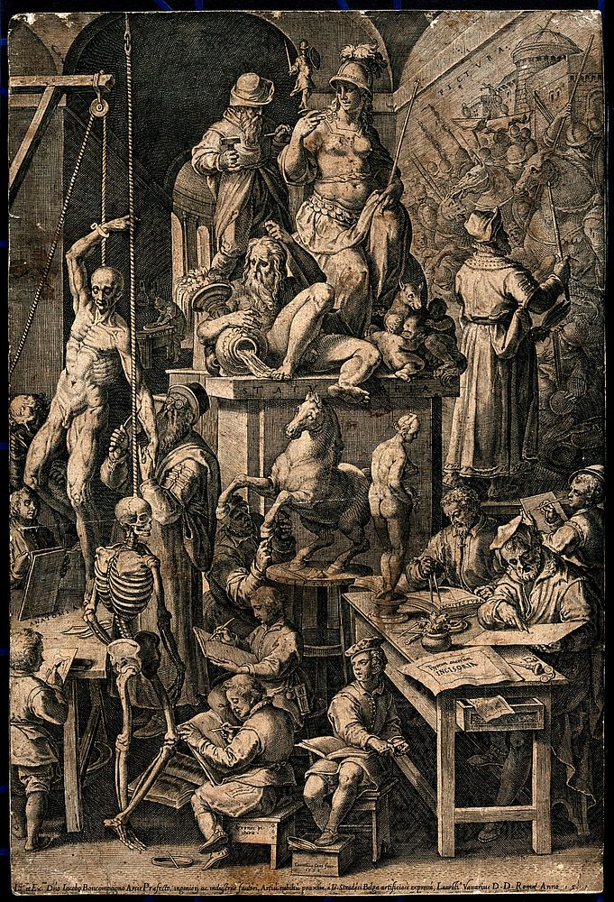 Figures practising the fine arts and drawing from a suspended skeleton and corpse. Engraving by C. Cort, 1578, after J. van…
