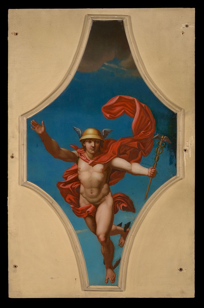 Mercury (Hermes) holding the caduceus. Oil painting after Raphael.