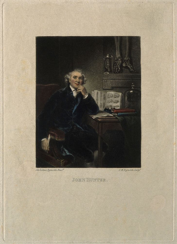 John Hunter. Coloured mezzotint by S. W. Reynolds, 1833, after Sir J. Reynolds, 1786.