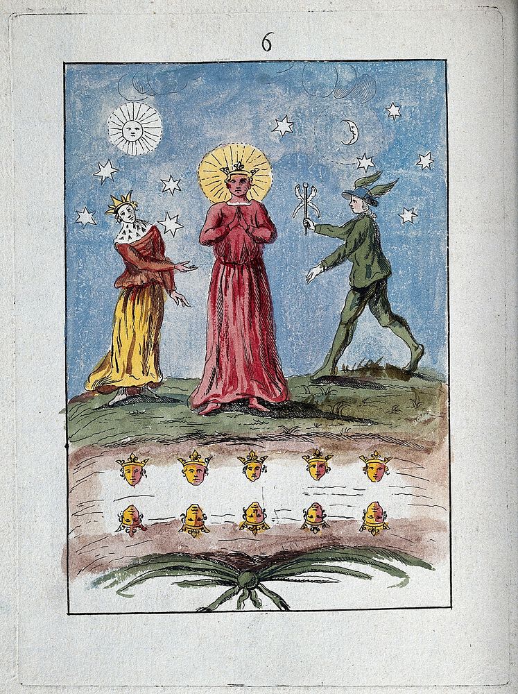 A red-faced king stands in a red robe, flanked by a queen and the deity Mercury in green clothes; representing a stage in…