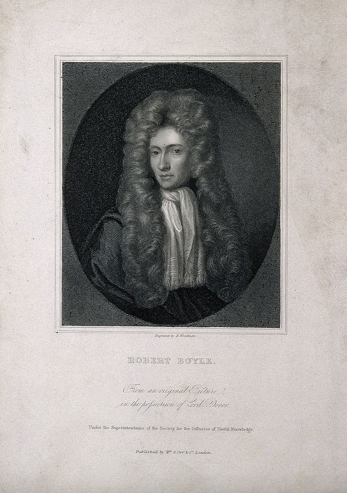 Robert Boyle. Stipple engraving by R. Woodman after J. Kerseboom.