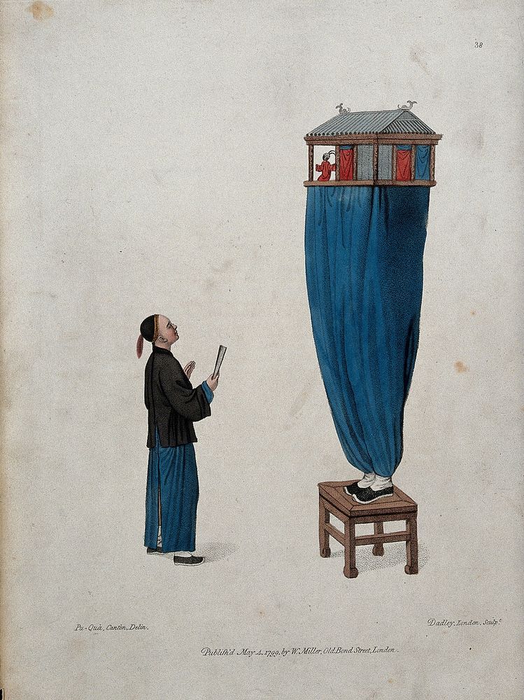 A Chinese puppeteer standing on a stool, with a miniature stage balanced above him, body screened, except for feet…