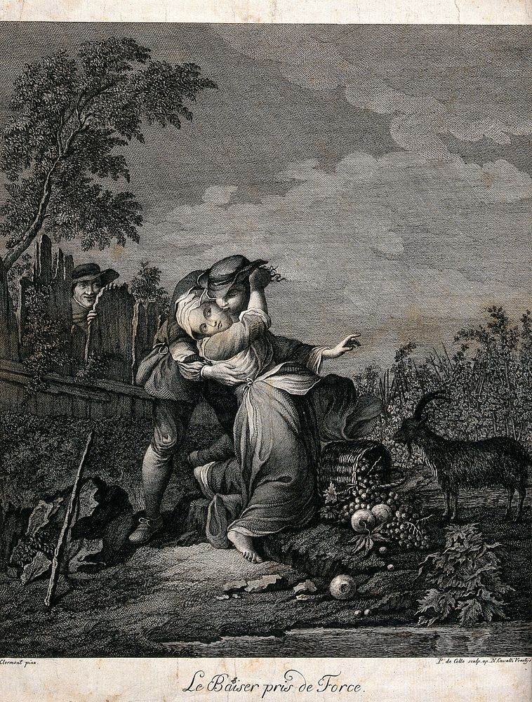 A man forces an unwelcome kiss on a girl, while being watched from over the fence. Engraving by P. de Colle after J.F.…