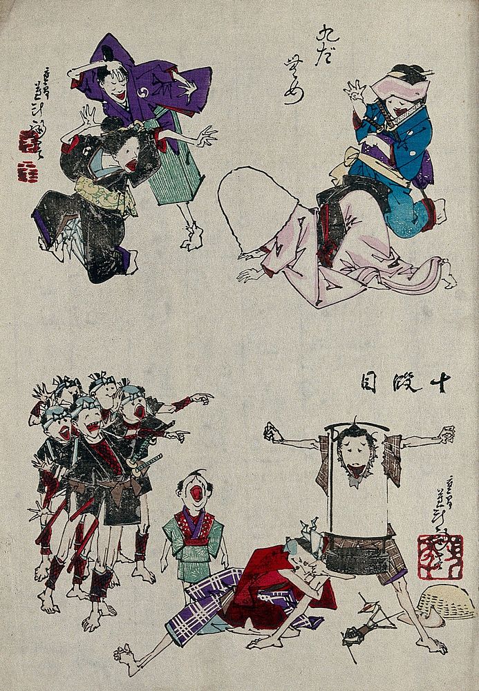 Scenes nine and ten from the favourite kabuki play, 'The treasury of loyal retainers'. Colour woodcut by Yoshitoshi, 1880s.