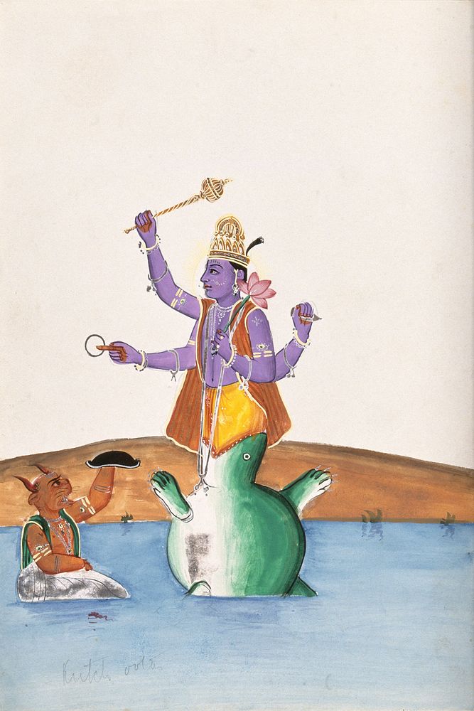 Vishnu fighting with the conch shell demon with Kurma's help. Gouache drawing.