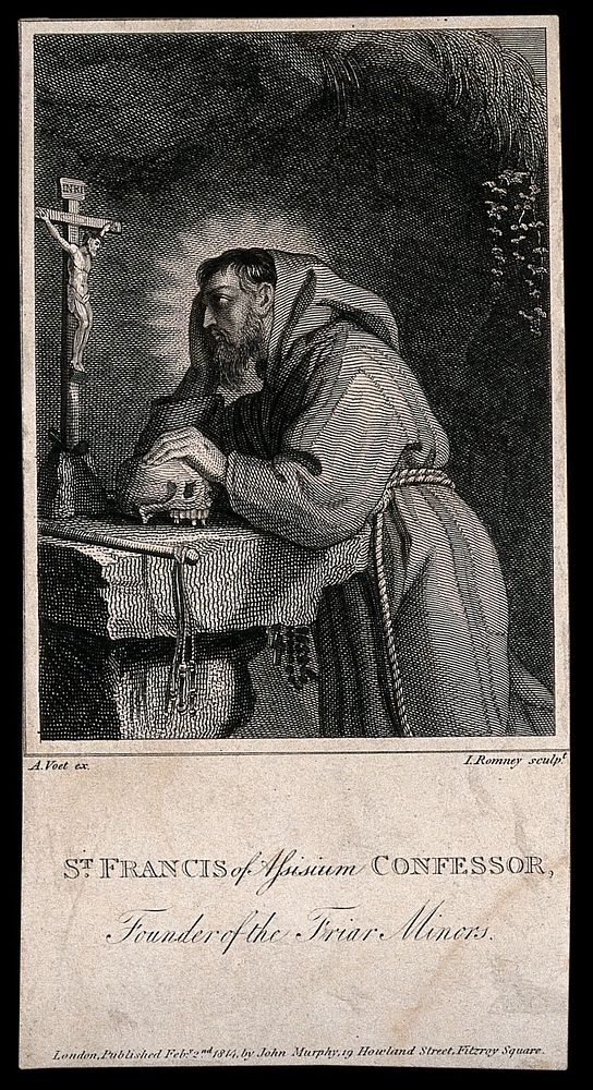 Saint Francis of Assisi, holding a skull, contemplating a crucifix. Etching by J. Romney, 1814.