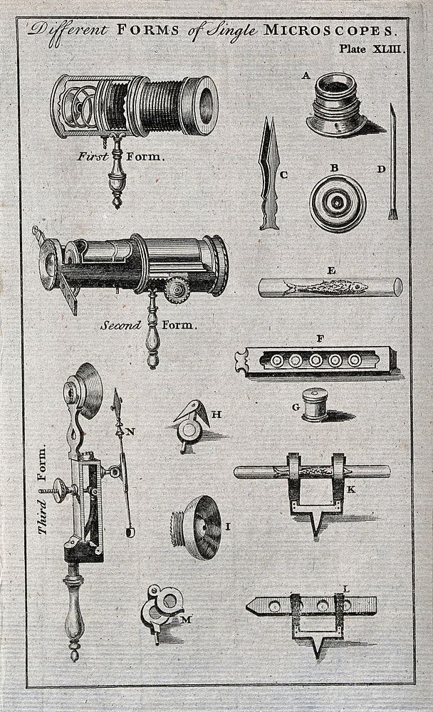 Optics: three kinds of simple microscope. Engraving.