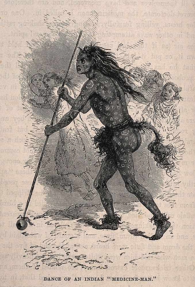 A native American medicine man with elaborate body painting performing a dance. Wood engraving, 1873.
