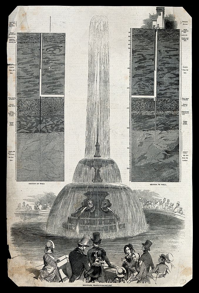 Two cross-sections of the well at Trafalgar Square: people gathered around the fountain in Trafalgar Square. Wood engraving.
