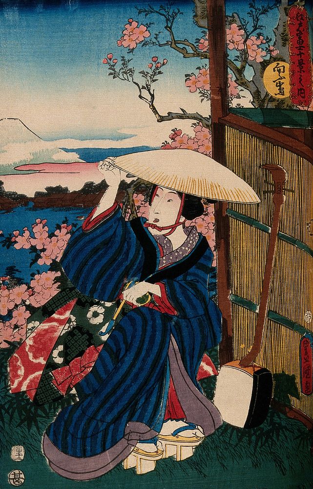 A kneeling woman in a broad straw hat, holding a pipe; a shamisen rests against the reed fence to the right; the view behind…