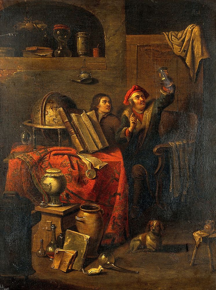 A physician examining a urine flask. Oil painting attributed to Philips Koninck.