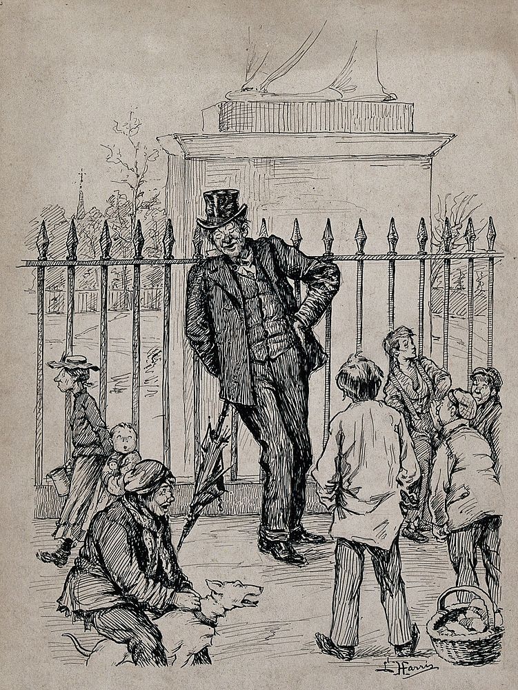 A drunk man holding a broken umbrella is leaning against the railings of a park; children around him. Drawing by L. Harris…