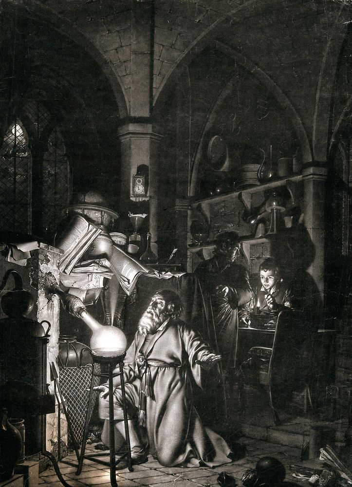 An alchemist in his study, discovering phosphorus; a young man and a boy in the background. Mezzotint by W. Pether, 1775…