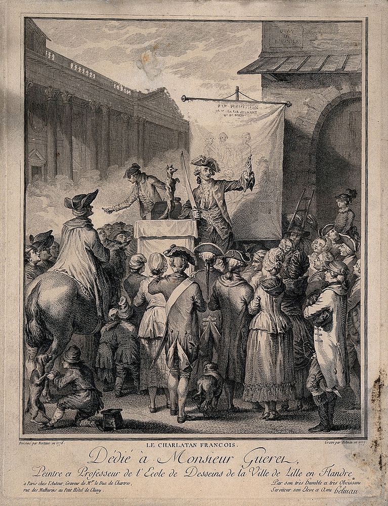 A French itinerant medicine vendor on stage selling his wares. Engraving by I. Helman, 1777, and etching by A.J. Duclos…