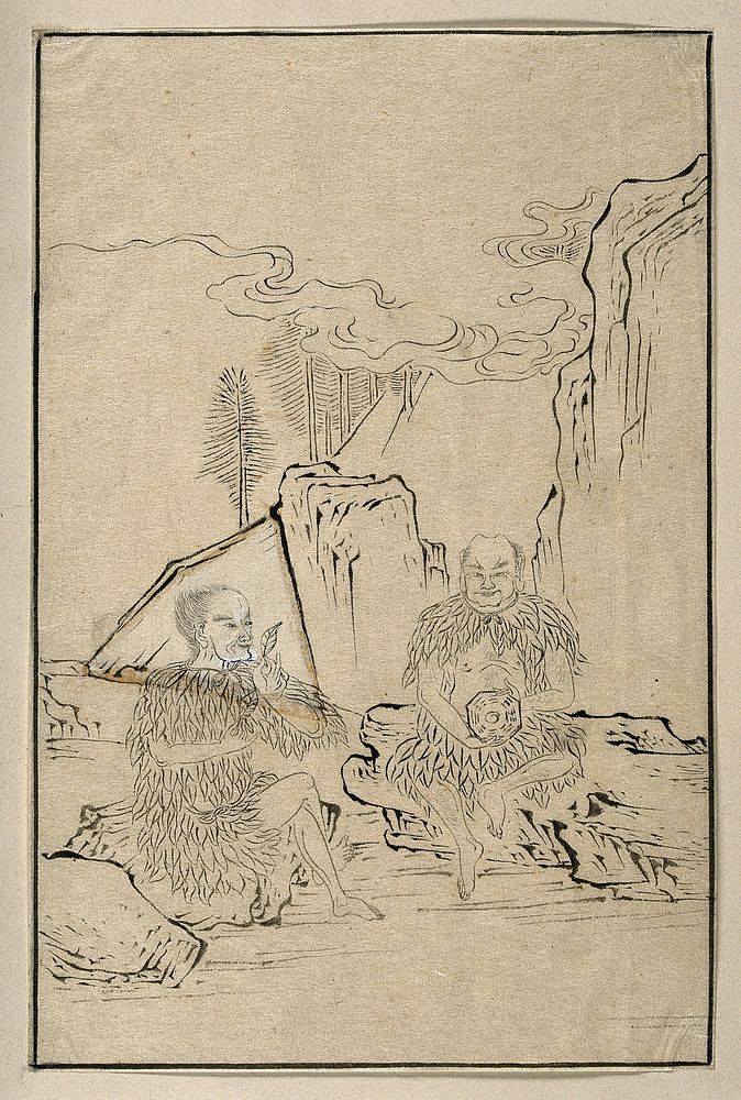 Two Chinese men sitting on a rocky mountainside, wearing simple garments fashioned from leaves. Ink drawing, 18--.