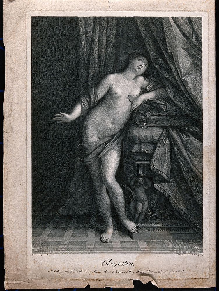 The suicide of Cleopatra: Cleopatra stands next to her bed holding the asp in her left hand. Line engraving by R. Strange…
