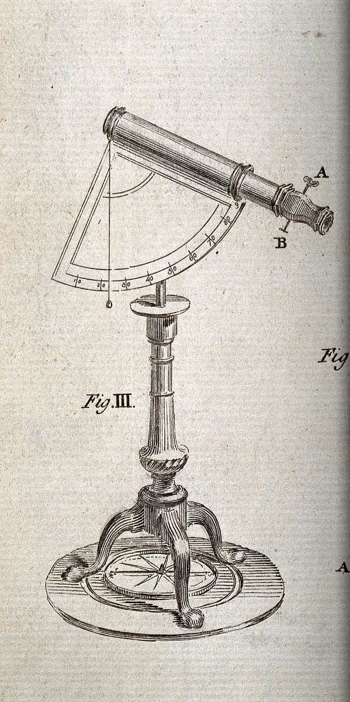 Astronomy: a large telescope with a protractor pivot, on a tripod base. Engraving.