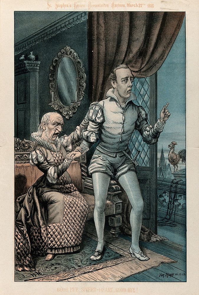 William Gladstone, dressed as Juliet, is sobbing at the departure of Joseph Chamberlain, dressed as Romeo, who is about to…