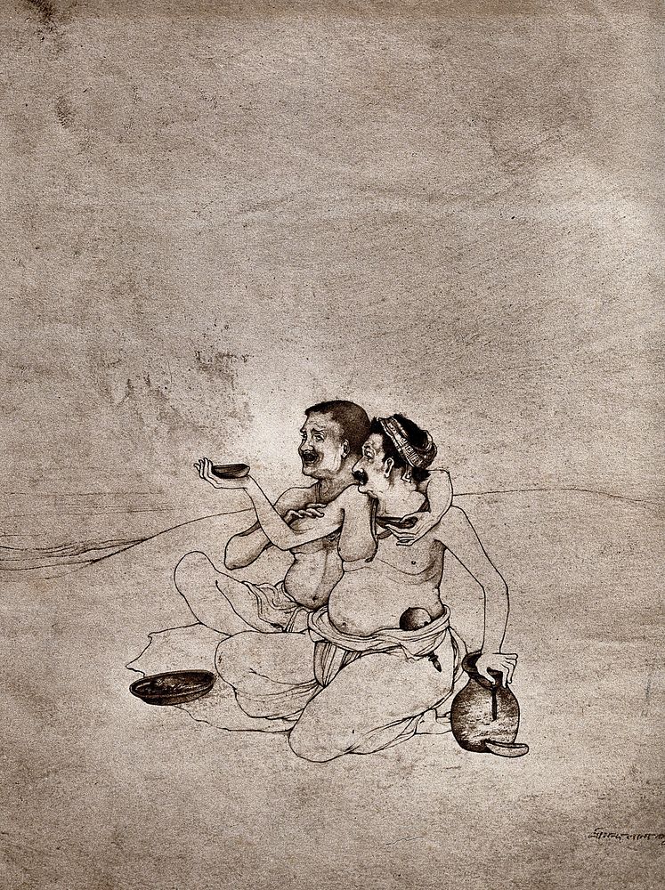 Two beggars asking for alms. Collotype  after an Indian draftsman.