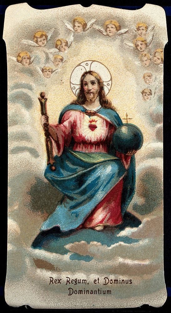 Christ enthroned with globe and sceptre, displaying his Sacred Heart. Colour lithograph.
