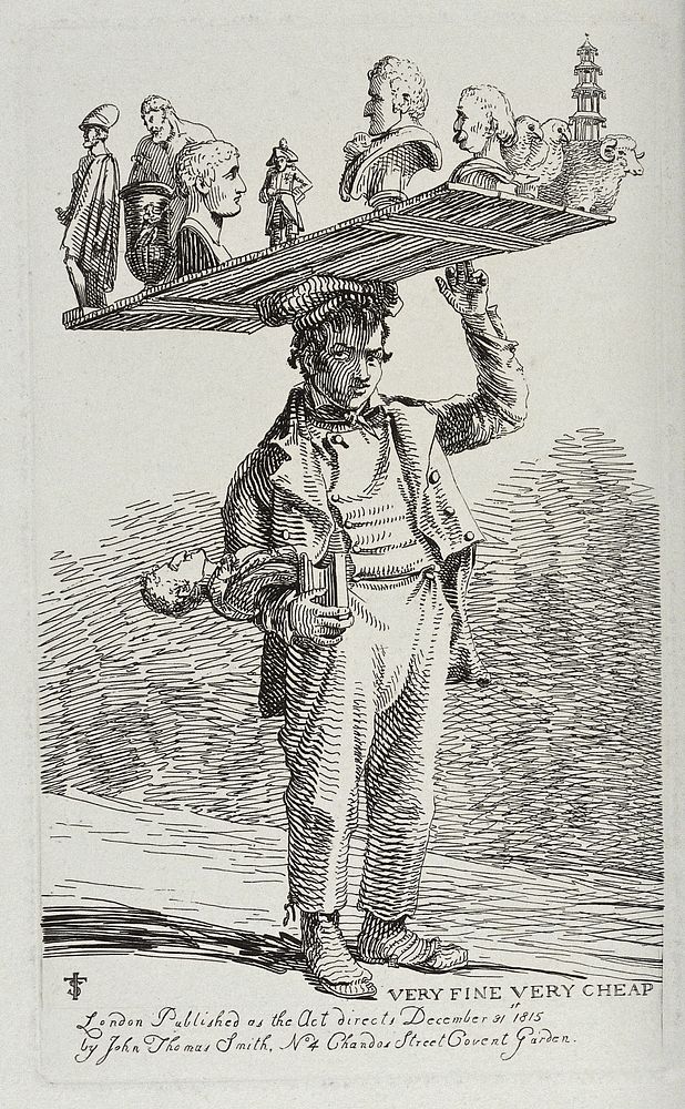 An itinerant salesman selling reproductions of antique and modern sculptures from a timber board he balances on his head.…