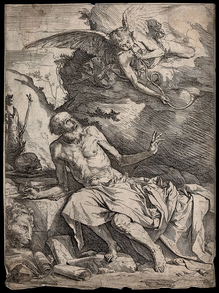 Saint Jerome: he hears an angel blowing the last trump. Etching by J. Ribera.
