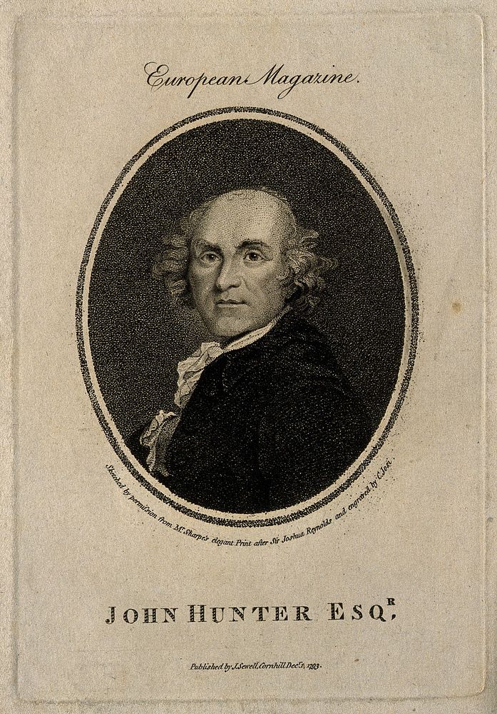 John Hunter. Stipple engraving by C. Josi, 1793, after W. Sharp after Sir J. Reynolds.