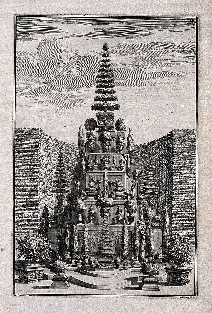 An ornate garden obelisk decorated with trees and shrubs in vases. Etching by J. Goeree after S. Schynvoet, early 18th…