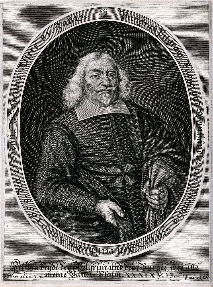 Pangratz Pilgram, a German wine merchant, with gloves in hand. Engraving by J. Sandrart after M. Herr, c. 1659.