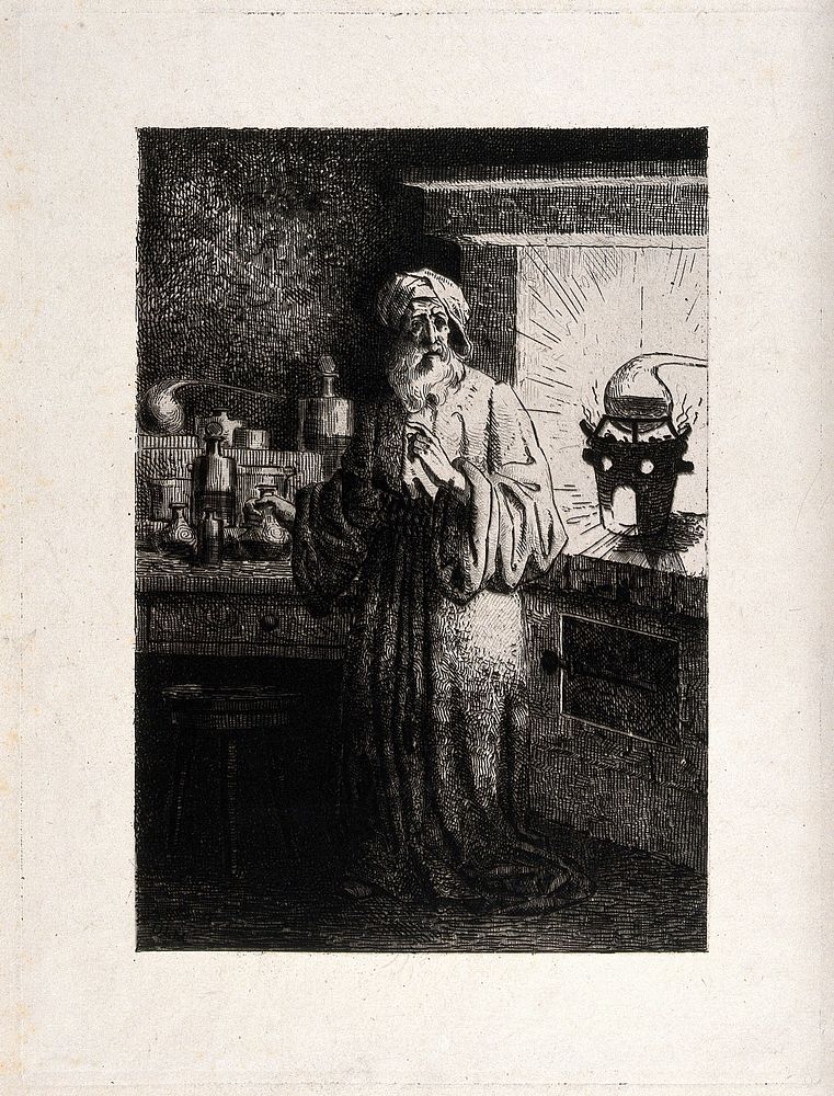 Hennig Brand, the German alchemist, discovering phosphorus. Etching, 19th century.