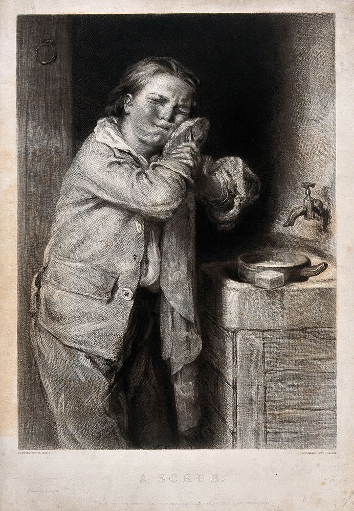 A boy patting his face dry after washing. Engraving by J. Egan, 1840, after W. Hunt.