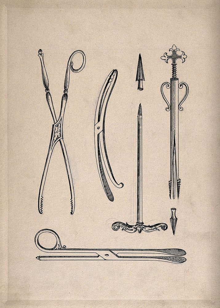Surgical instruments, including forceps. Pen and ink drawing, 1850/1910.