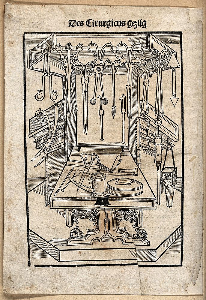 Surgical instruments in a cabinet. Woodcut, 15--.