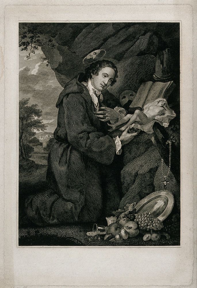 Sir Francis Dashwood at his devotions. Engraving attributed to W. Platt after W. Hogarth.