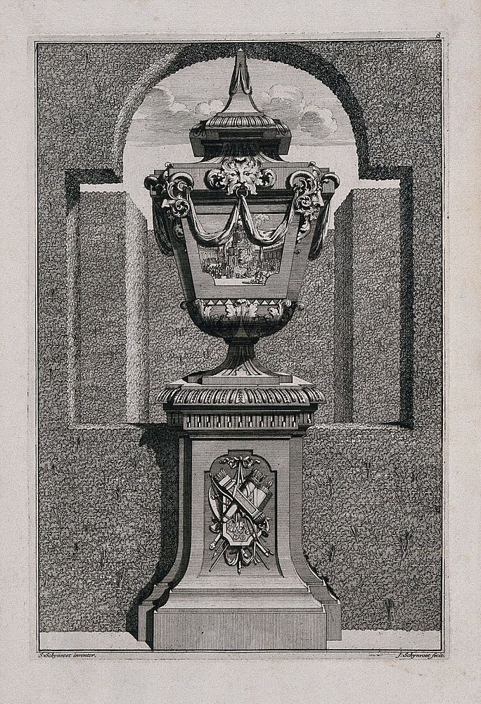 An ornate vase and pedestal with crowds round a burning building carved on the side. Etching by J. Schynvoet, c. 1701, after…