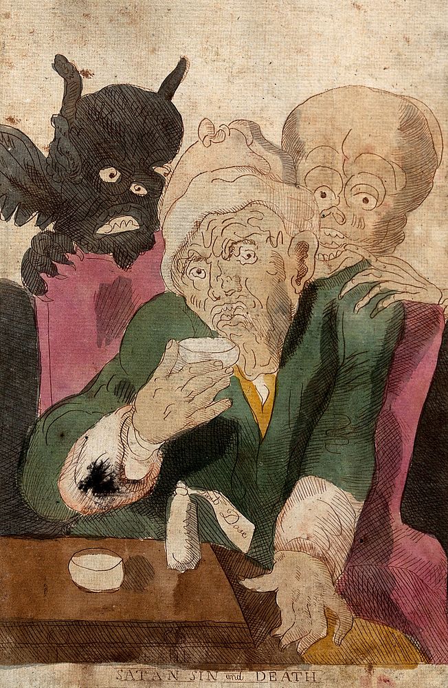 An old man drinks from a cup while a devil and a skeleton stand behind him. Coloured etching.