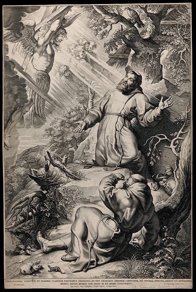 Saint Francis of Assisi receiving the stigmata from Christ on the cross; friar in the foreground. Engraving by L.E.…