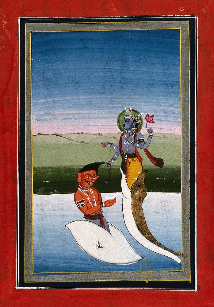 The god Vishnu in his fish avatar, Matsya, vanquishing the demon Hayagriva (left), who had stolen the sacred scriptures…