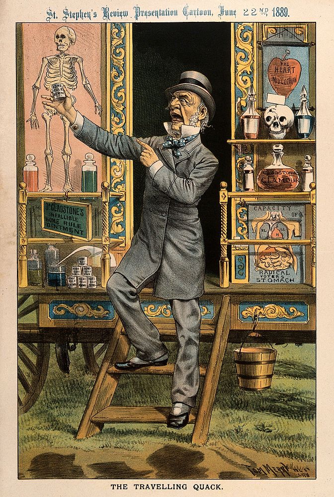 W.E. Gladstone as a quack doctor selling remedies from his caravan; representing his advocacy of the Home Rule Bill in…