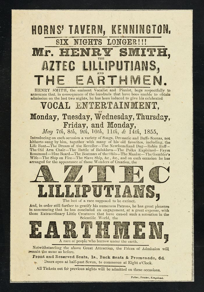 [Illustrated ticket to an entertainment of Henry Smith, vocalist, and the Aztec Lilliputians from Iximaya in central America…
