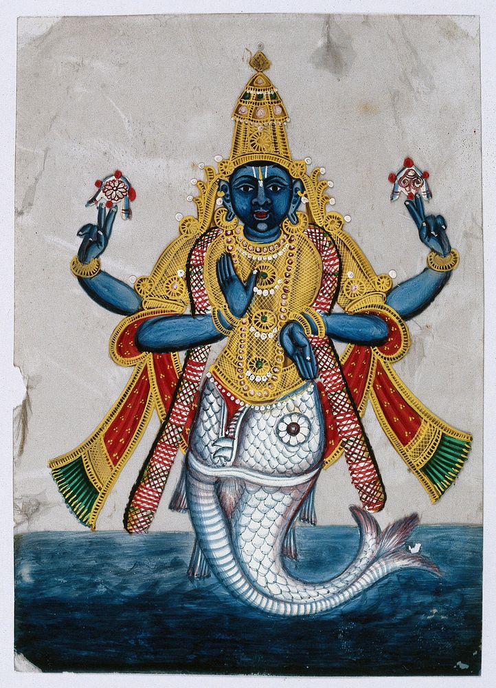 Vishnu in his incarnation as Matsya (fish) to save the sacred books. Gouache painting on mica by an Indian artist.