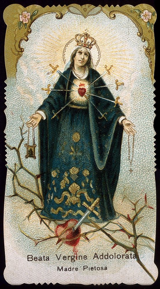Saint Mary (the Blessed Virgin) as Virgin of the Seven Sorrows. Colour photogravure.
