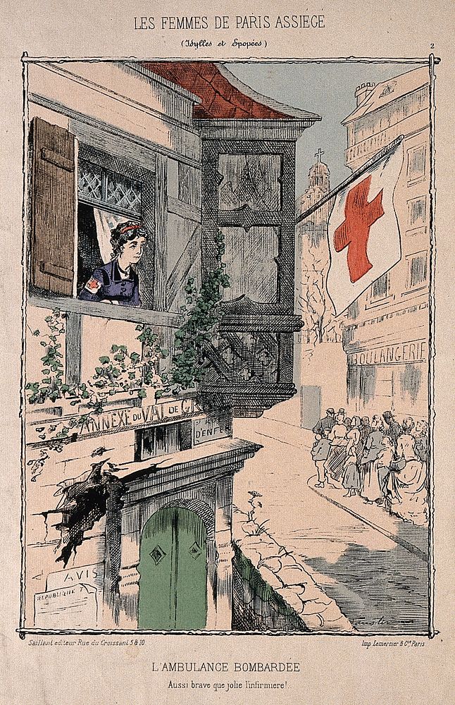 Franco-Prussian War: a nurse looking out of a window at the queues for bread during the siege of Paris. Coloured transfer…