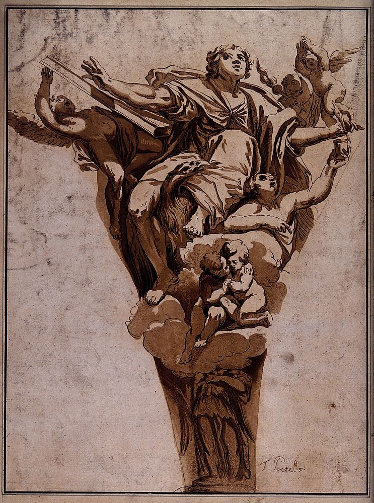 Saint John the Evangelist. Colour etching by J.G. Prestel after D. Zampieri, il Domenichino.