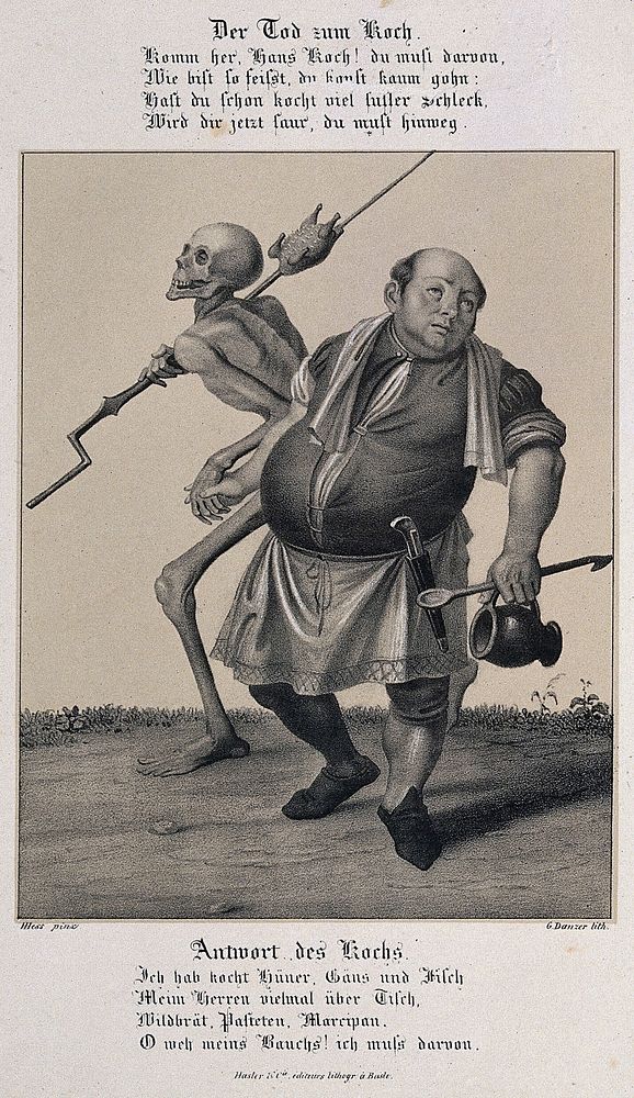 The dance of death at Basel: death and the cook. Lithograph by G. Danzer after H. Hess.
