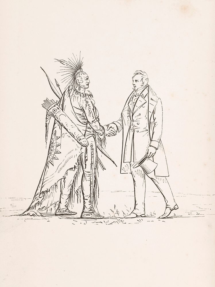 Frontispiece to 'Catlin's notes of eight years' travels...', showing Native American and European men shaking hands