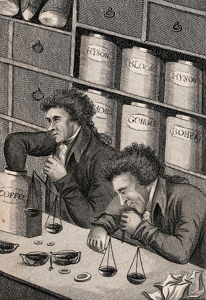 Two men at a shop counter in a tea and coffee retail shop using scales to measure out coffee beans. Engraving by G. Scott…