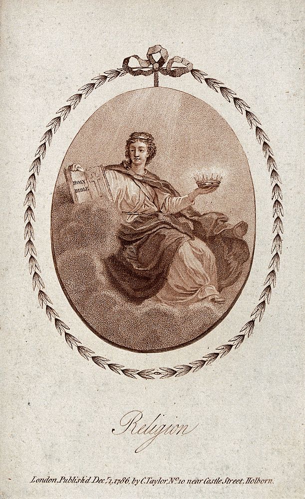 Religion seated on clouds holding the Bible and a crown. Stipple engraving, 1786.